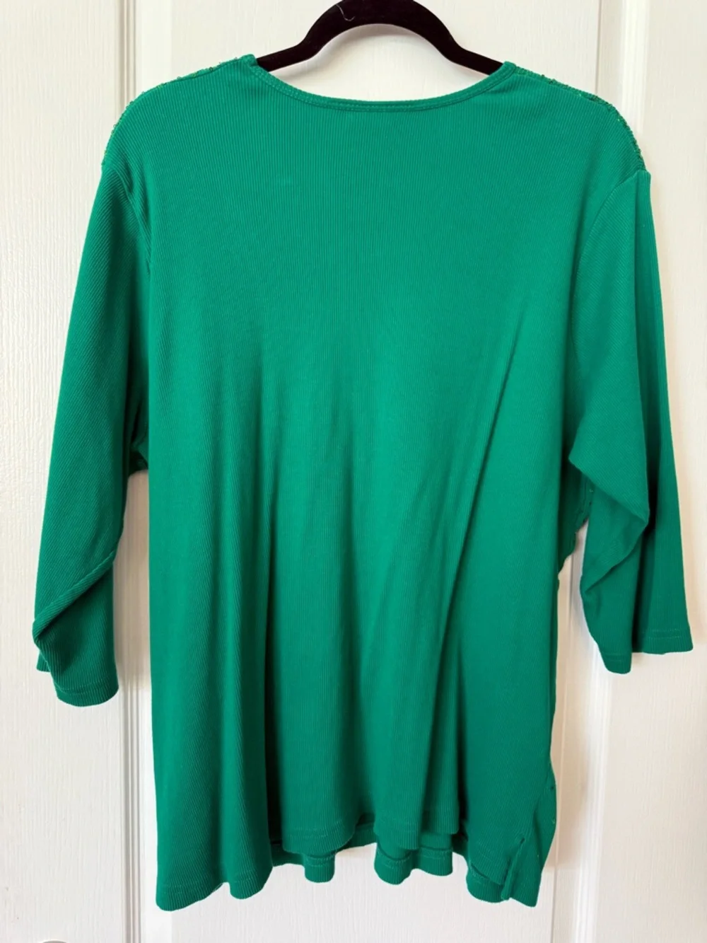 Quacker Factory Green Sequin Top 3/4 Sleeve Ribbed Shirt 2X Holiday - Picture 2 of 5
